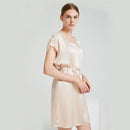 19 Momme 100% Mulberry Silk Nightgown with Lace Trim, Short Sleeve Round Neck Sleepwear for Women