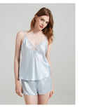 19 Momme 100% Mulberry Silk V-Neck Lace Trim Cami & Shorts Loungewear Set
