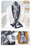 Printed Mulberry Silk Slim Scarf – 16 x 150 cm Long Neck Scarf with Trailing Ribbon for Spring