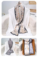 Printed Mulberry Silk Slim Scarf – 16 x 150 cm Long Neck Scarf with Trailing Ribbon for Spring