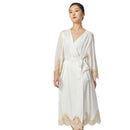 Back view of pearl white silk robe with lace detailing