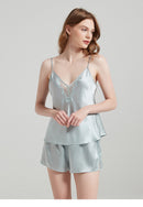 19 Momme 100% Mulberry Silk V-Neck Lace Trim Cami & Shorts Loungewear Set