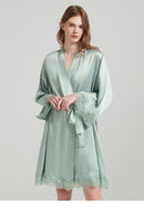 Women's 19 Momme 100% Mulberry Silk Lace-Trim Camisole & Robe Sleepwear Set