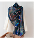 Mulberry Silk Long Scarf – Bohemian Floral Print Lightweight Wrap, 69 x 43 in