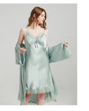 Women's 19 Momme 100% Mulberry Silk Lace-Trim Camisole & Robe Sleepwear Set