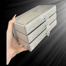 Front view of crystal-embellished velvet jewelry box with three clear acrylic drawers on white background