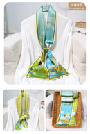 Printed Mulberry Silk Slim Scarf – 16 x 150 cm Long Neck Scarf with Trailing Ribbon for Spring