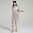 Side angle view of mulberry silk button-front nightgown