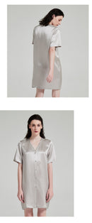 Front portrait of model wearing silk sleep dress with relaxed silhouette
