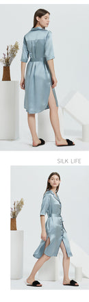 19 Momme Mulberry Silk Nightgown with Belted Waist, Retro Elegant Qipao-Inspired Sleepwear with High Side Slit