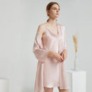 Embroidered Butterfly Silk Camisole & Robe Two-Piece Set – 100% Mulberry Silk Sleepwear with 3/4 Sleeves