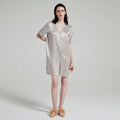 Grey 19 momme silk sleep dress front view on model