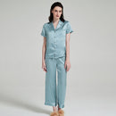 Teal blue silk pajama set styled in full front view