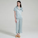 100% Mulberry Silk Pajama Set for Women – 19 Momme Short Sleeve Top with Shorts or Long Pants, Notched Collar Loungewear