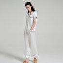 White 19 momme silk pajama set with notched collar and short sleeves front view