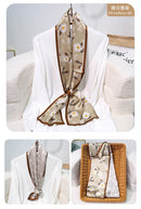 Printed Mulberry Silk Slim Scarf – 16 x 150 cm Long Neck Scarf with Trailing Ribbon for Spring