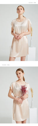 19 Momme 100% Mulberry Silk Nightgown with Lace Trim, Short Sleeve Round Neck Sleepwear for Women