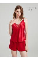 19 Momme 100% Mulberry Silk V-Neck Lace Trim Cami & Shorts Loungewear Set