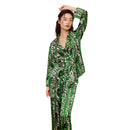 Back view of the silk suit set showing the relaxed fit of the pants