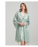 Women's 19 Momme 100% Mulberry Silk Lace-Trim Camisole & Robe Sleepwear Set