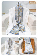 Printed Mulberry Silk Slim Scarf – 16 x 150 cm Long Neck Scarf with Trailing Ribbon for Spring