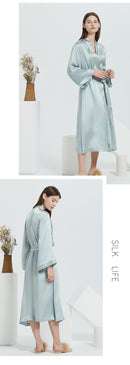 100% Mulberry Silk Long Robe & Nightgown Set – Tie-Waist Loungewear with Long Sleeves