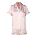 100% Mulberry Silk Pajama Set for Women – 19 Momme Short Sleeve Top with Shorts or Long Pants, Notched Collar Loungewear