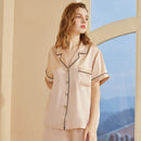 100% Mulberry Silk Pajama Set for Women – 19 Momme Short Sleeve Top with Shorts or Long Pants, Notched Collar Loungewear