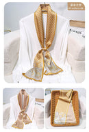 Printed Mulberry Silk Slim Scarf – 16 x 150 cm Long Neck Scarf with Trailing Ribbon for Spring