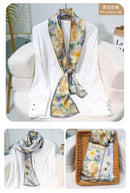 Printed Mulberry Silk Slim Scarf – 16 x 150 cm Long Neck Scarf with Trailing Ribbon for Spring