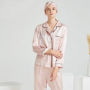 Sweet lotus pink silk loungewear set styled with hair wrap and relaxed fit