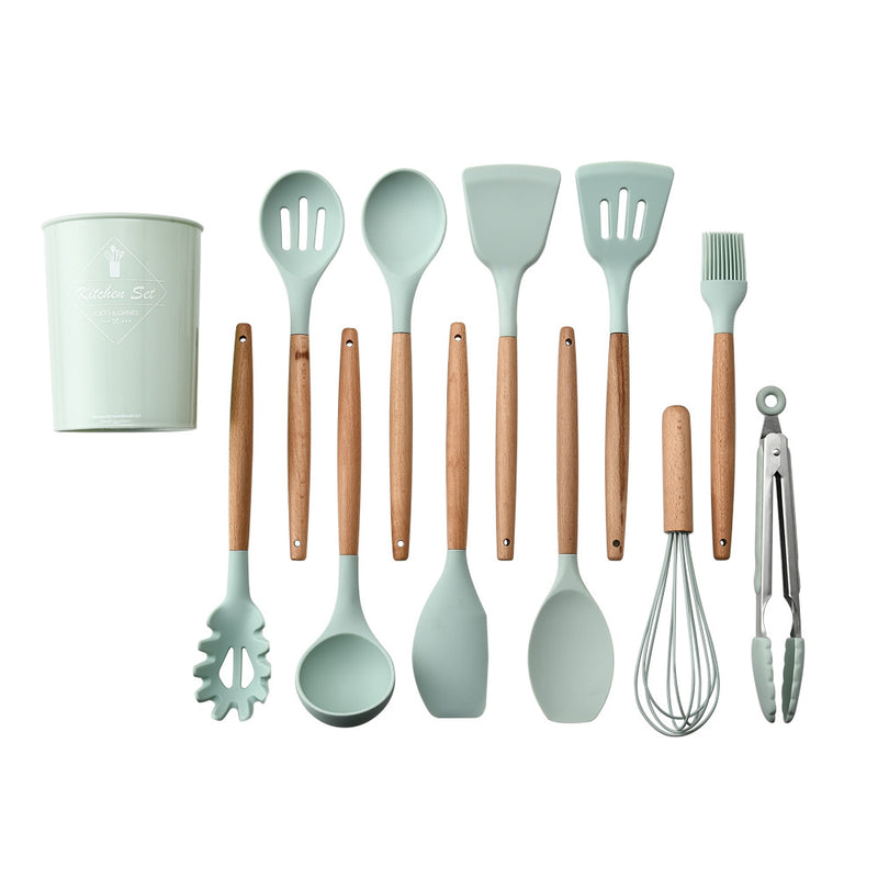 ComCreate Silicone Cooking Kitchen 11PCS Wooden Utensils Tool for
