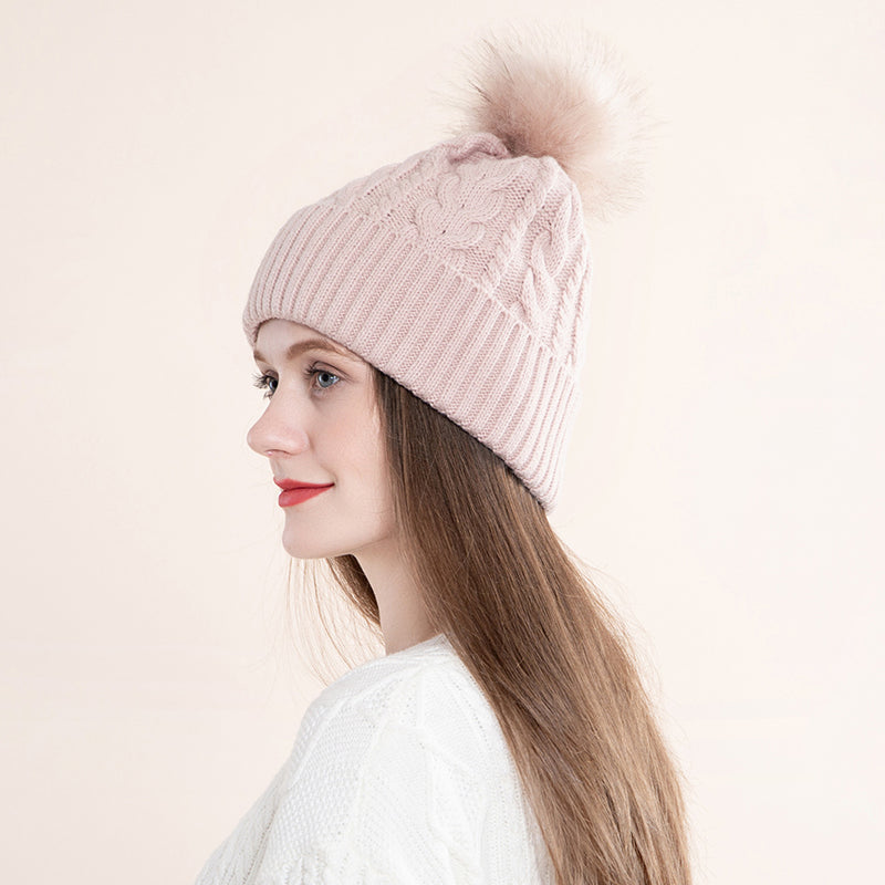 Women Knit Slouchy Hat with Faux Fur Pompom Winter Soft Warm Ski Cap