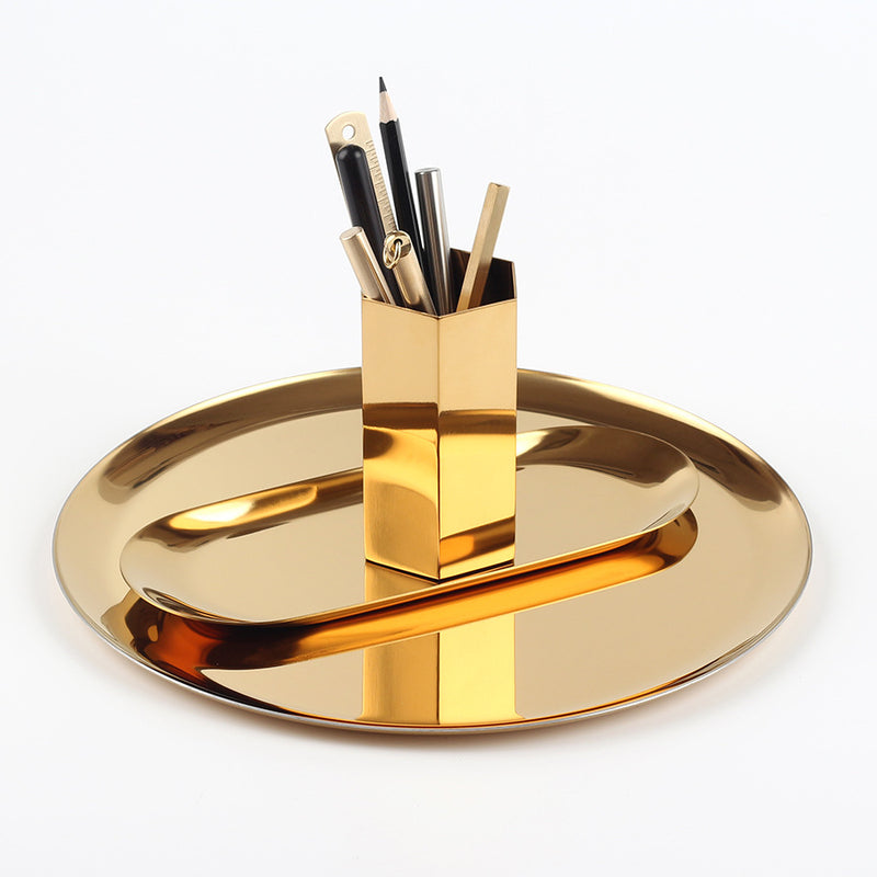 Six-sided Rhombus Pen Holder, Golden Vase, Stainless Steel Metal Table Top Decoration