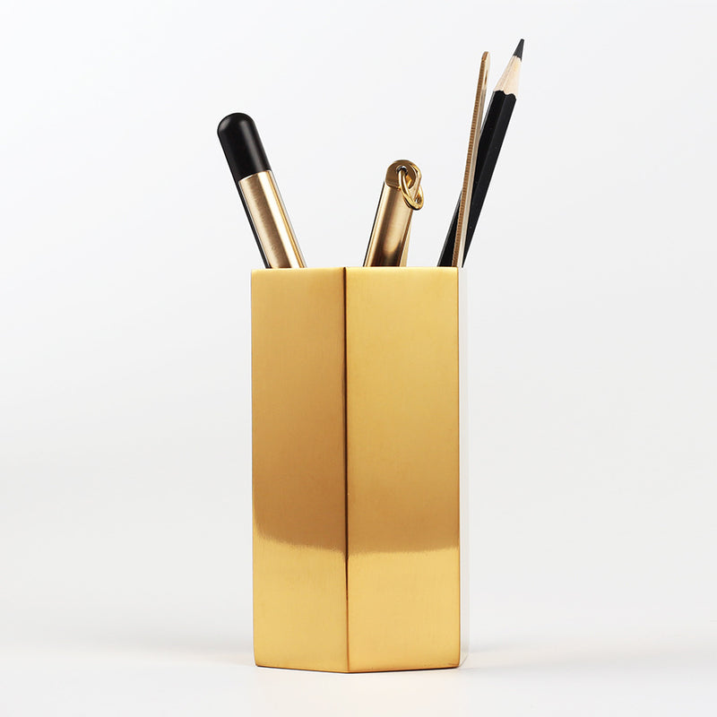 Six-sided Rhombus Pen Holder, Golden Vase, Stainless Steel Metal Table Top Decoration