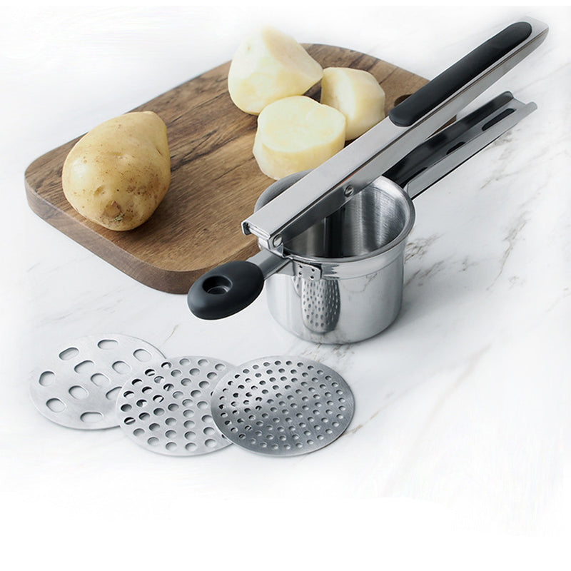 Potato Ricer Set with 3 Ricing Discs- Premium Stainless Steel Baby Food Strainer, Fruit Masher, and Food Press with Ergonomic Comfort Grip