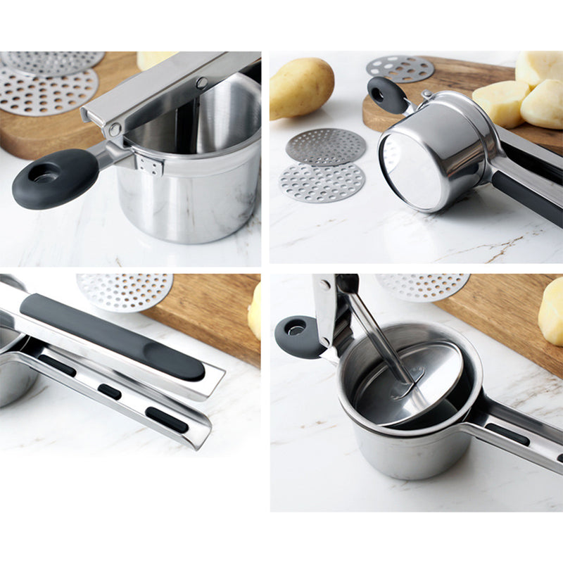 Potato Ricer Set with 3 Ricing Discs- Premium Stainless Steel Baby Food Strainer, Fruit Masher, and Food Press with Ergonomic Comfort Grip